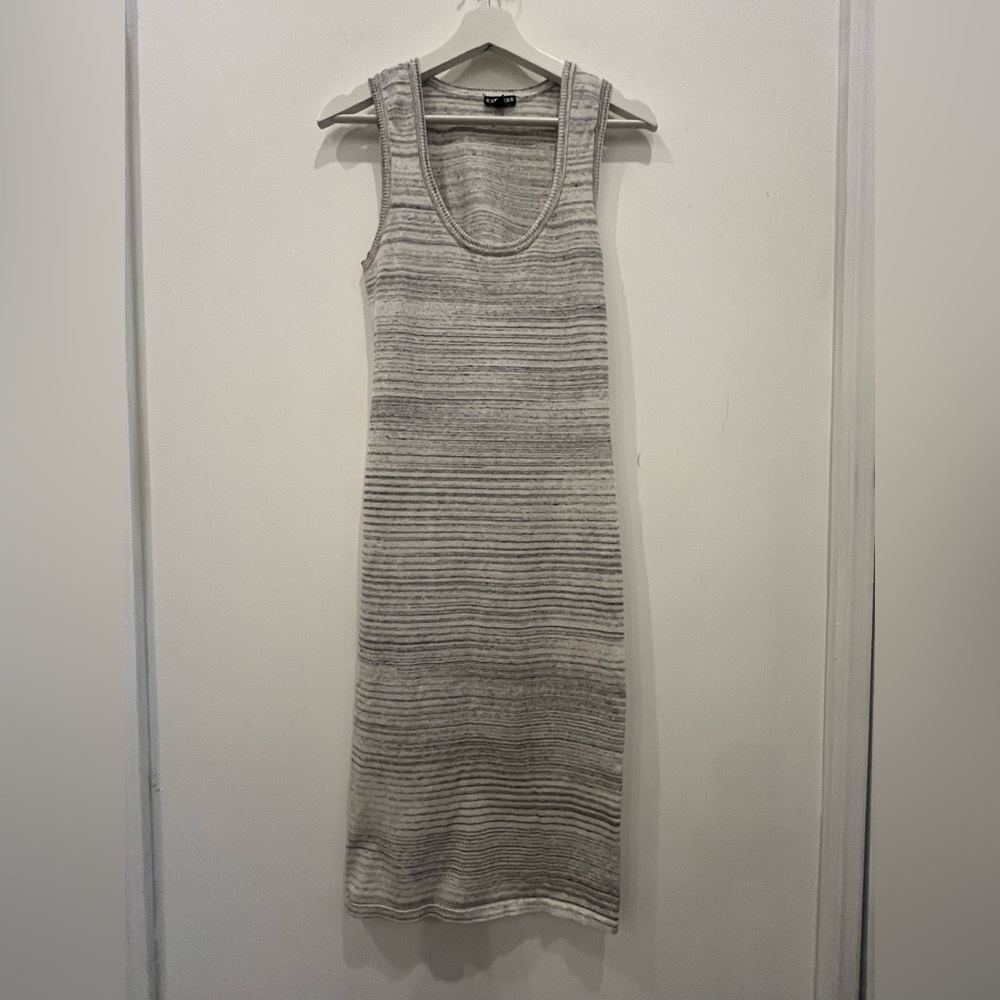 Express Gray Heather Stripe knit Bodycon Midi Cut Out Back Dress SZ M casual